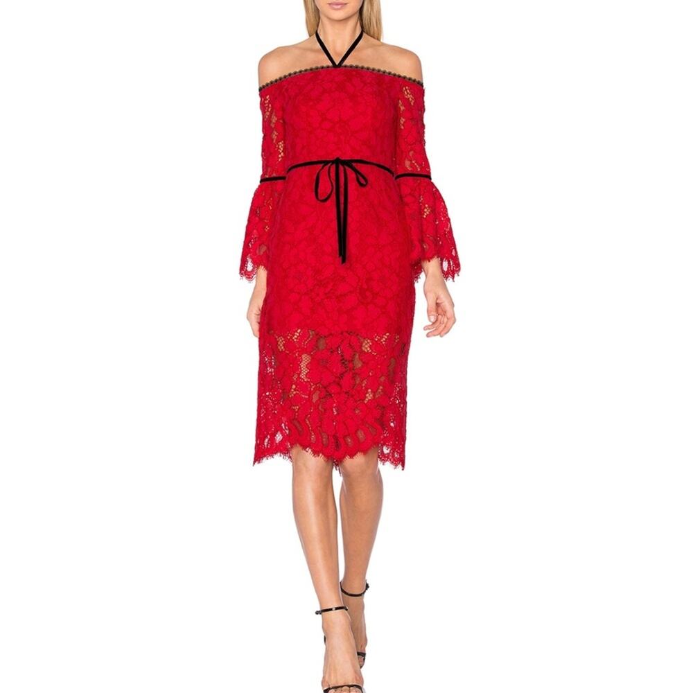 ALEXIS Women's Odette Velvet Necktie Off the Shoulder Lace Dress RED Size Medium